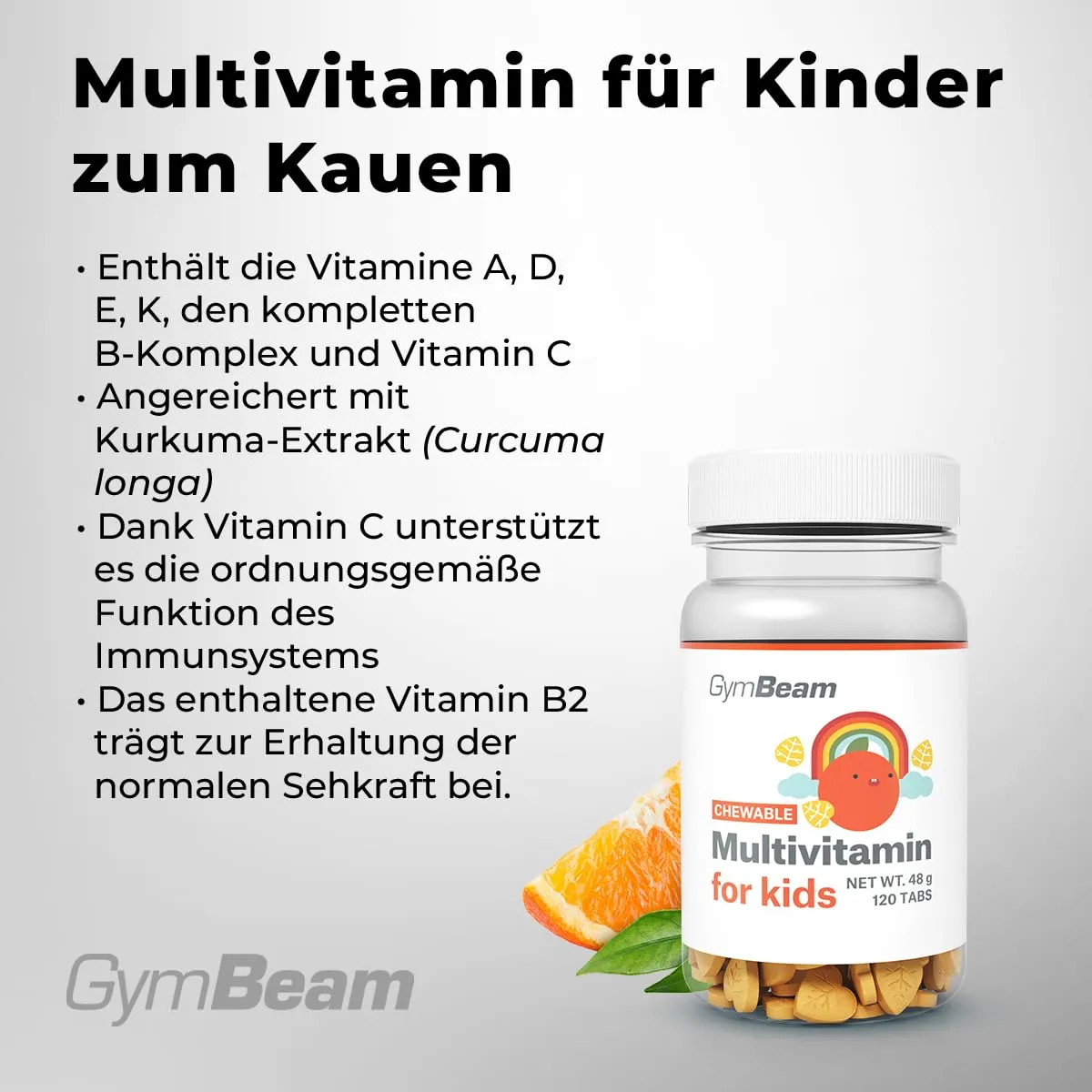GymBeam Multivitamin Kinder Kautabletten 120 Tabs mit Kurkuma