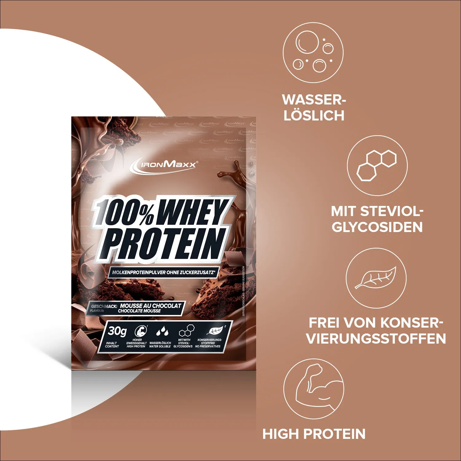 IronMaxx 100% Whey Protein Pulver 30g Mousse au Chocolate zuckerfrei