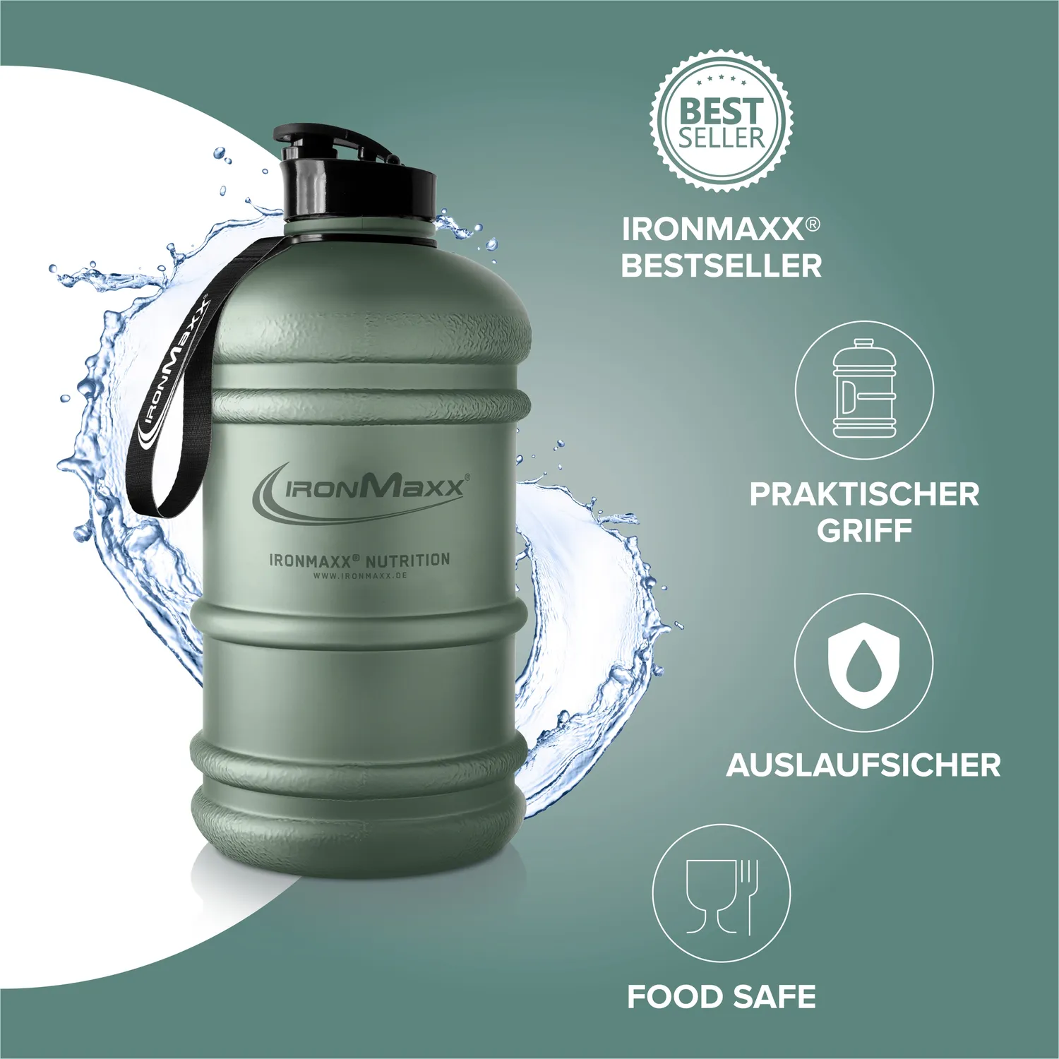 IronMaxx Water Gallon Trinkflasche 2200ml Mineral Green BPA-frei
