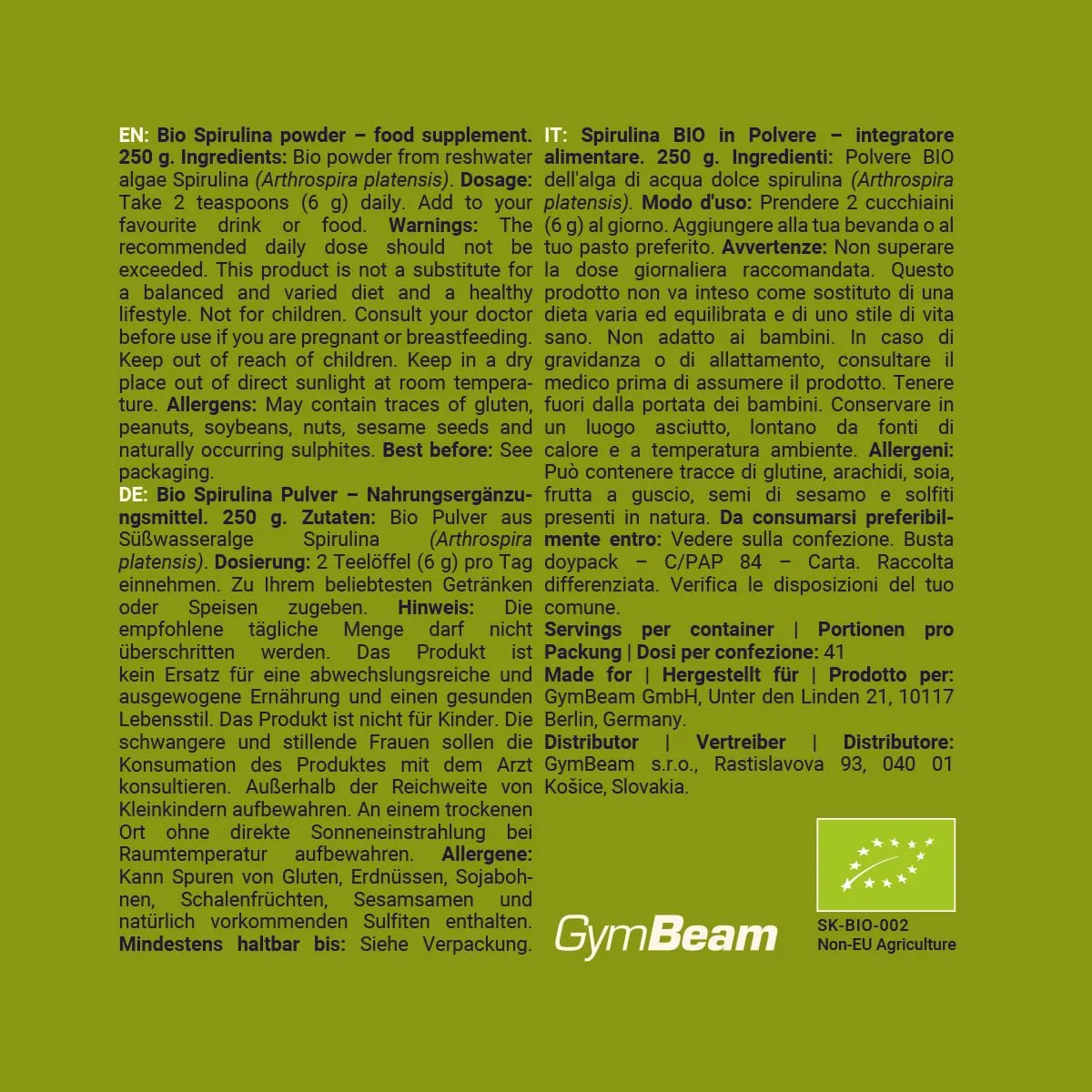 GymBeam Bio Spirulina Pulver 250g vegan