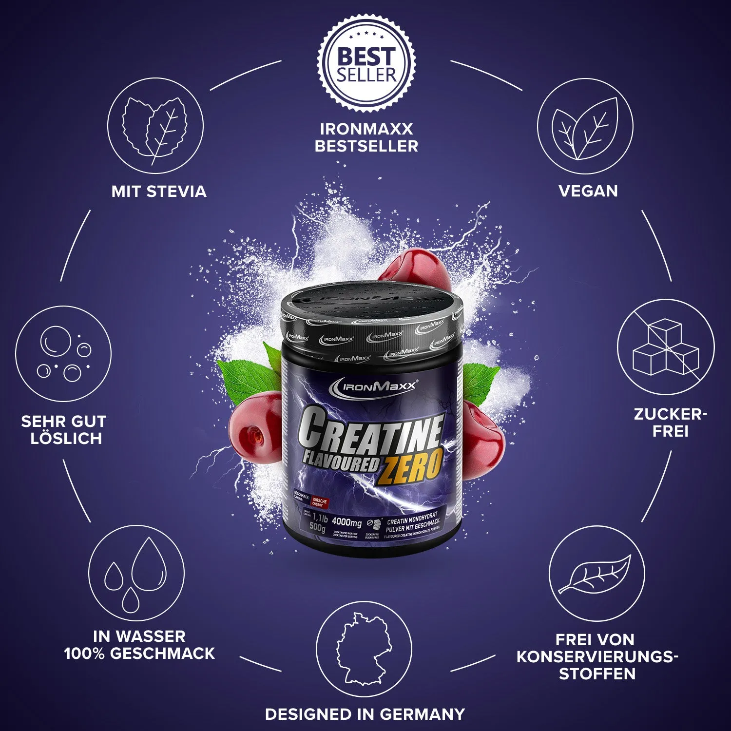 IronMaxx Creatine Flavoured Zero Pulver 500g Kirsche zuckerfrei