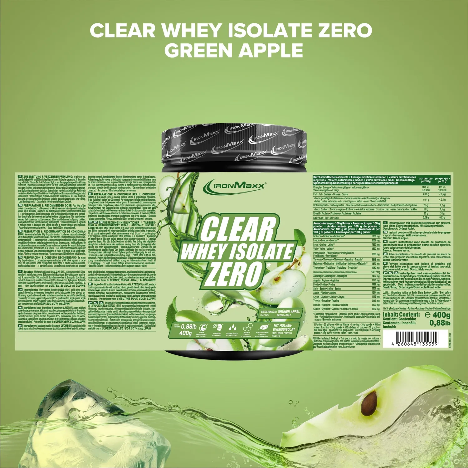 IronMaxx Clear Whey Isolate Zero Proteinpulver 400g Green Apple zuckerfrei