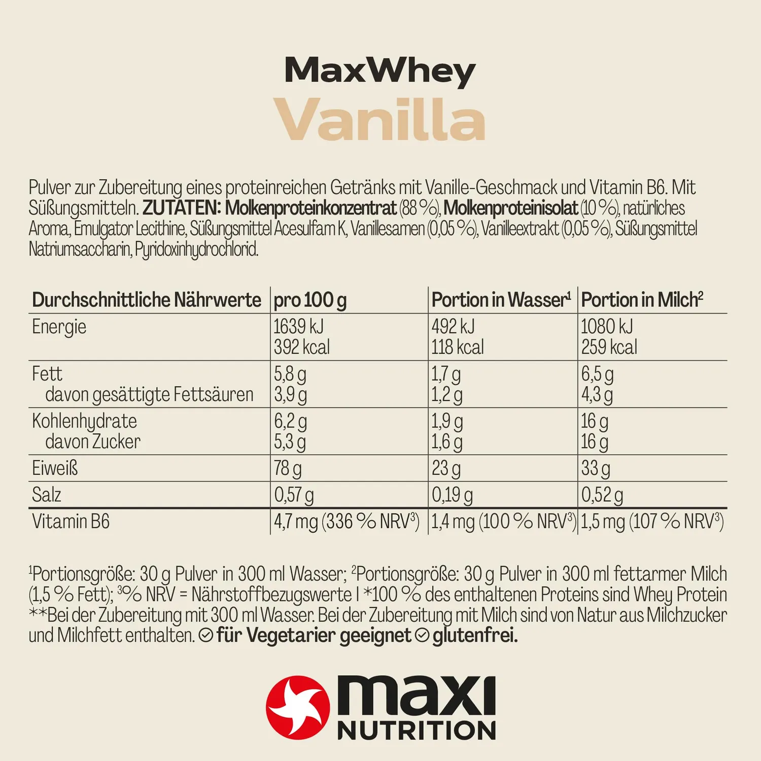 MaxiNutrition Whey Protein Pulver 1260g Vanille low carb