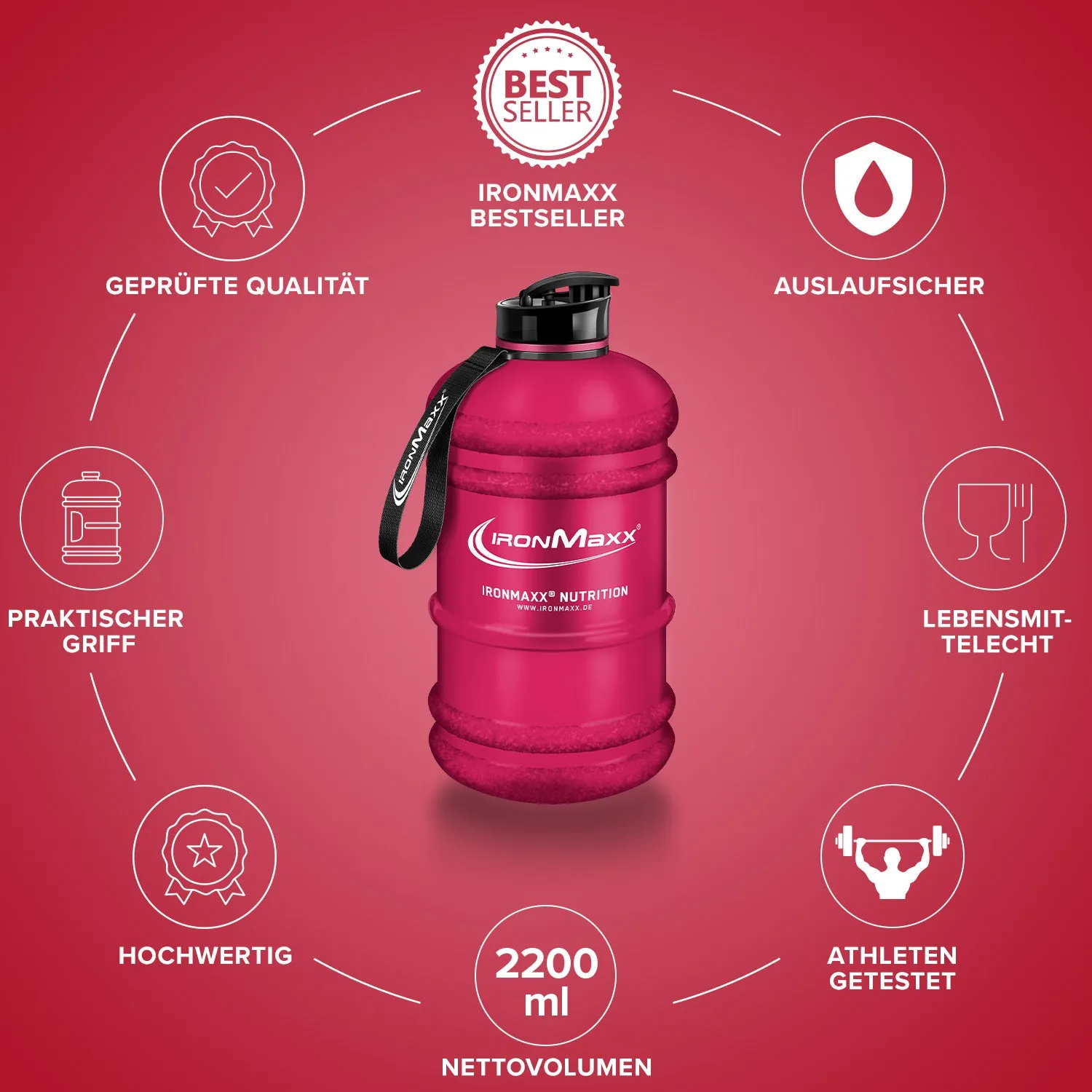 IronMaxx Water Gallon Trinkflasche 2200ml Matt Rot