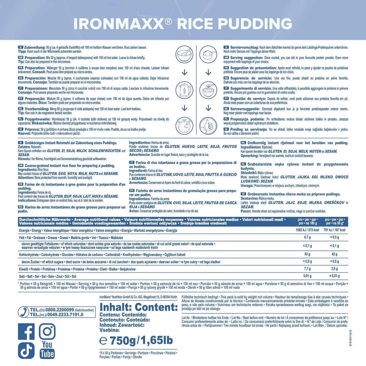 IronMaxx Rice Pudding Reispudding Neutral 750g vegan