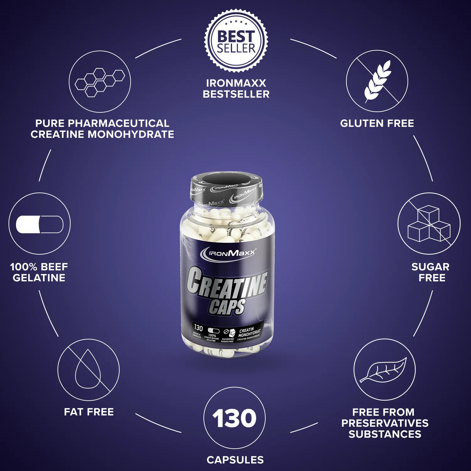 IronMaxx Creatine Caps Monohydrat Kapseln 130 Caps laktosefrei