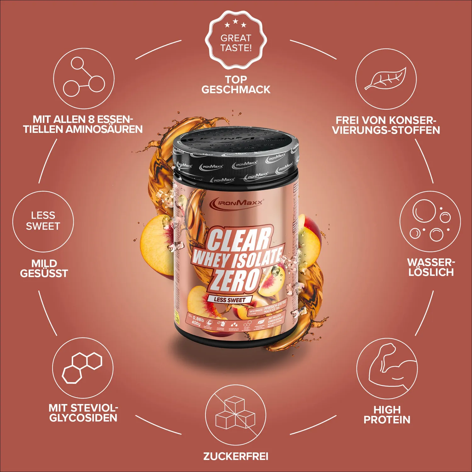 IronMaxx Clear Whey Isolate ZERO Peach Pulver 400 g zuckerfrei