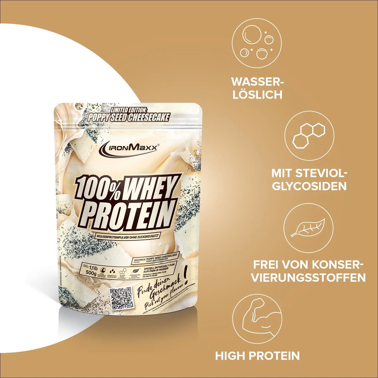 IronMaxx 100% Whey Proteinpulver 500g Mohn-Cheesecake zuckerfrei