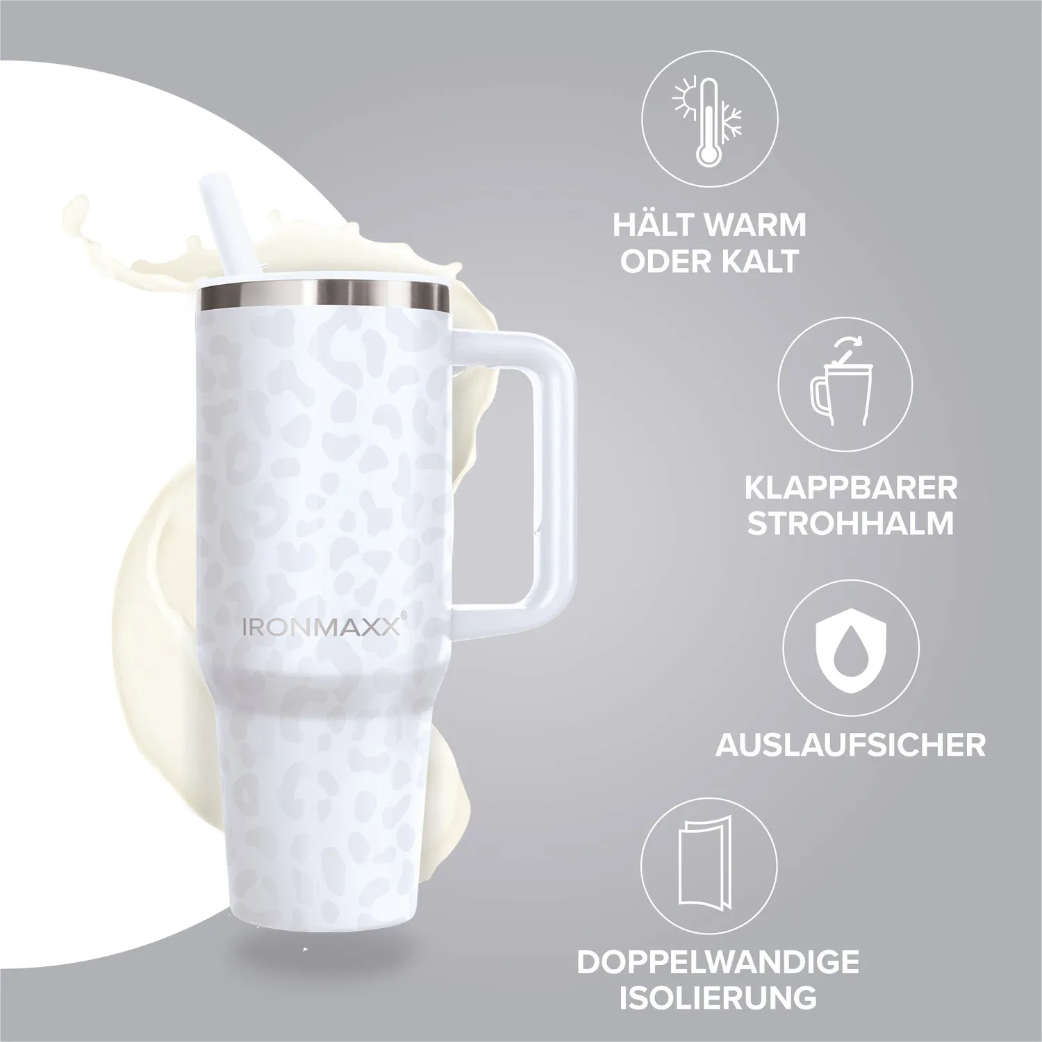 IronMaxx Cup V4.0 Trinkbecher 1200ml Leo-Style White Edelstahl