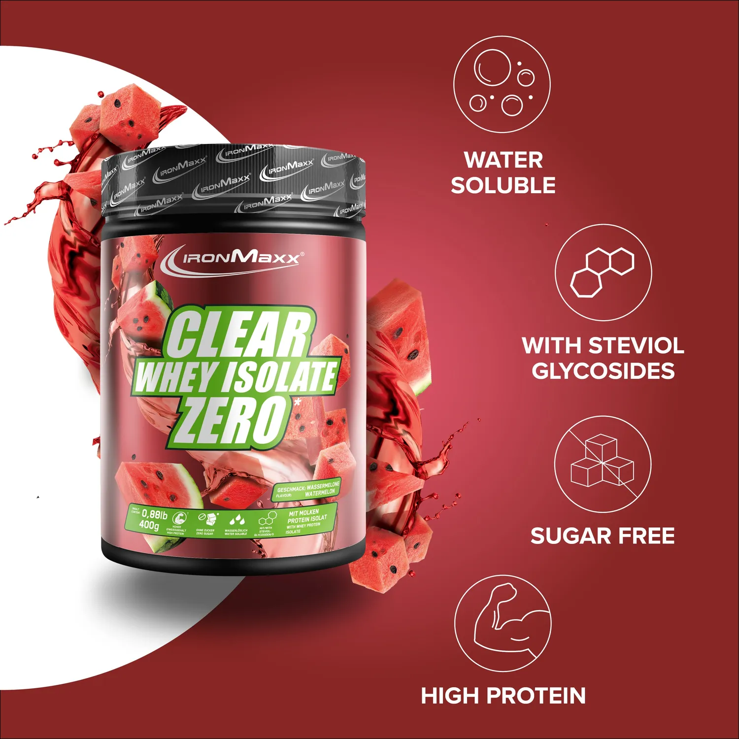 IronMaxx Clear Whey Isolate ZERO Proteinpulver Wassermelone 400g zuckerfrei