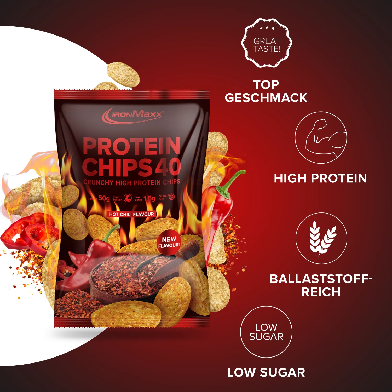IronMaxx Protein Chips 40 Chips Hot Chili 50g proteinreich