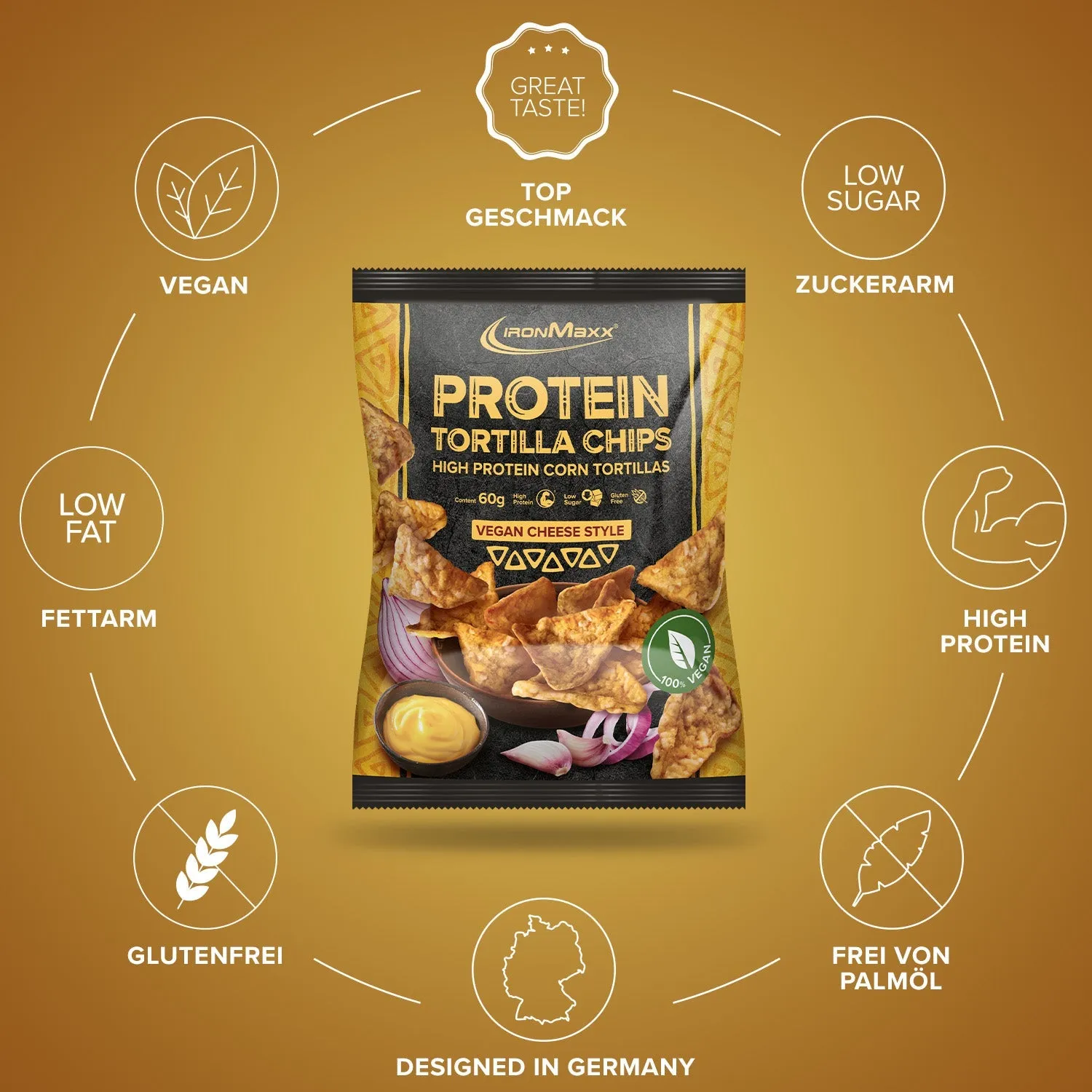 IronMaxx Protein Tortilla Chips 60g Vegan Cheese Style proteinreich