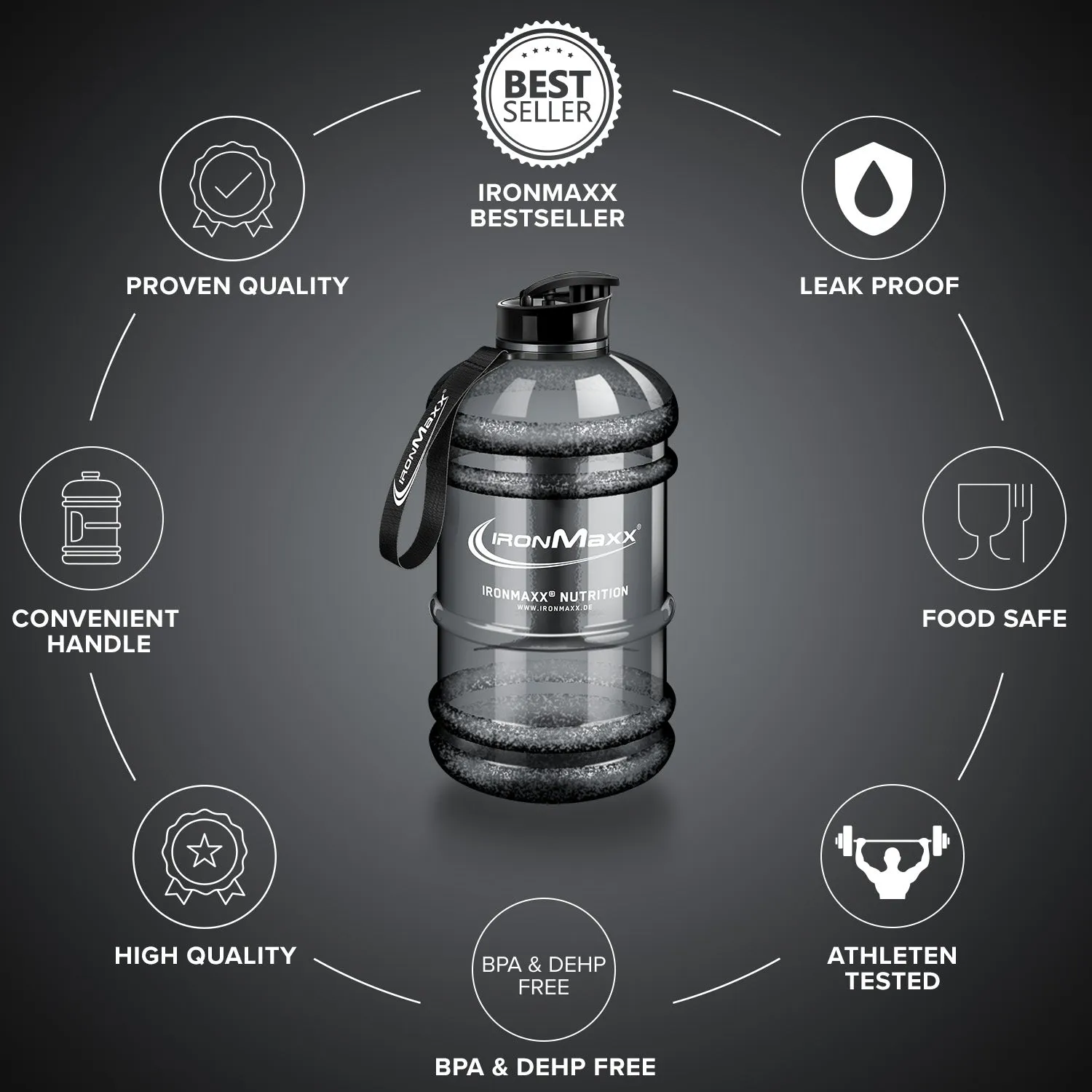 IronMaxx Water Gallon Trinkflasche 2200ml Grau BPA-frei