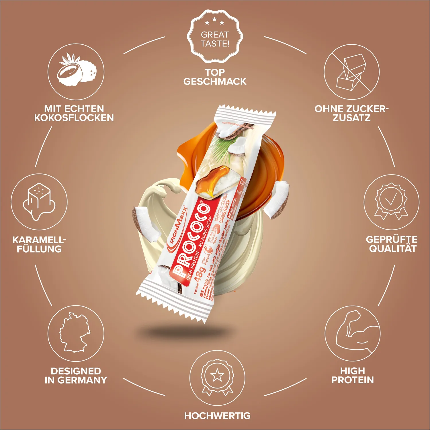 IronMaxx Prococo Proteinriegel 24x48g White Choc Coconut Caramel High Protein