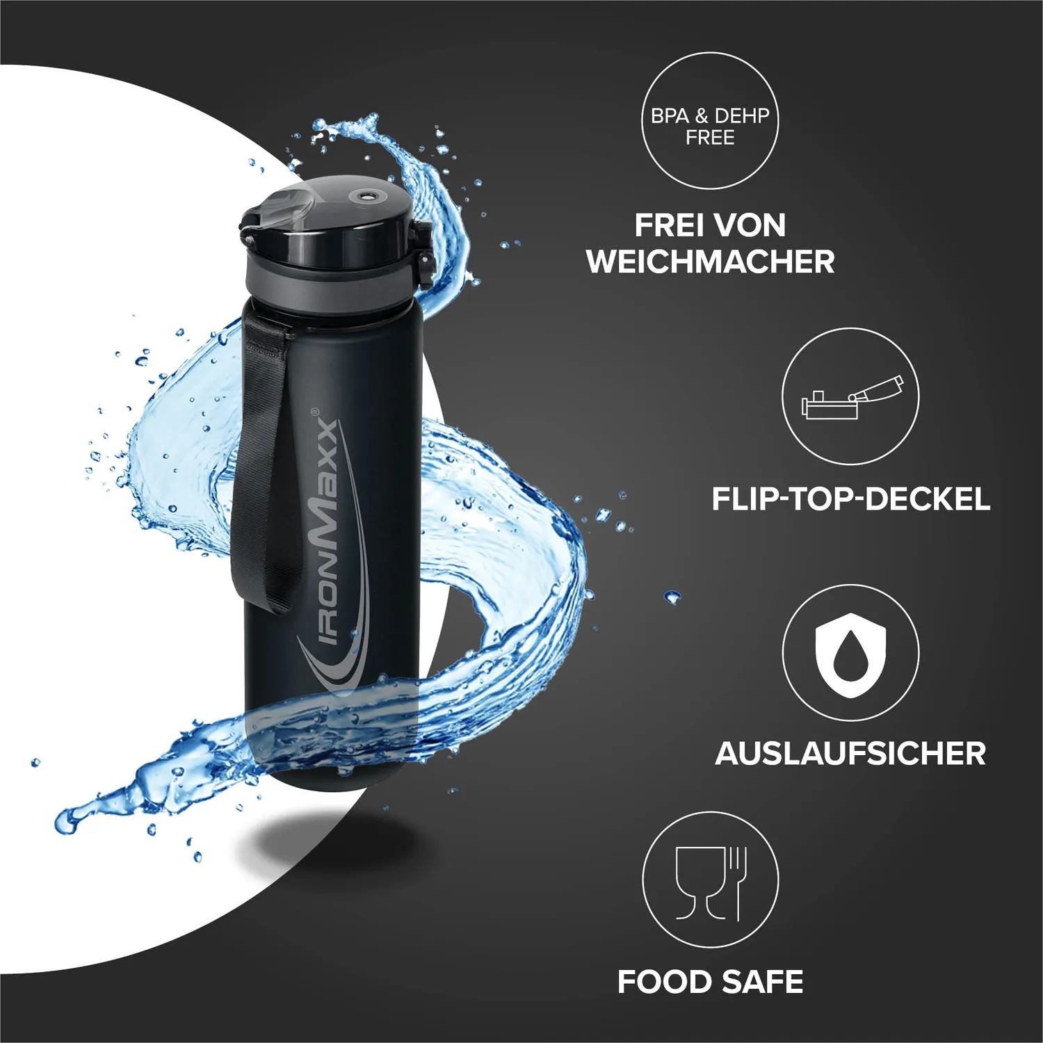 IronMaxx Sport Water Bottle Trinkflasche 1000ml Deep Black BPA-frei