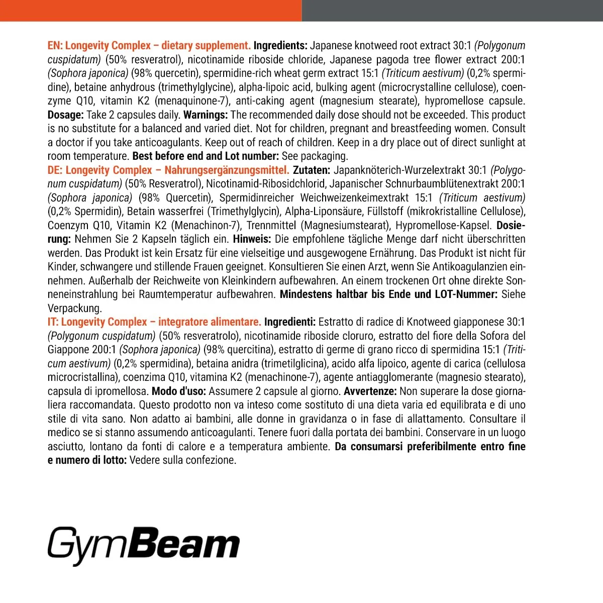 GymBeam Longevity Komplex Kapseln 90 Q10 Resveratrol