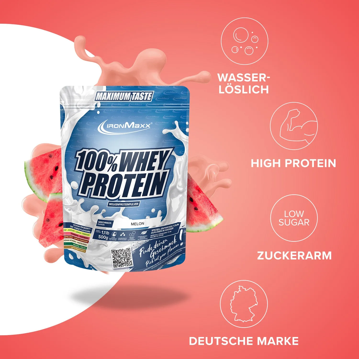 IronMaxx 100% Whey Protein Pulver 500g Melone zuckerfrei