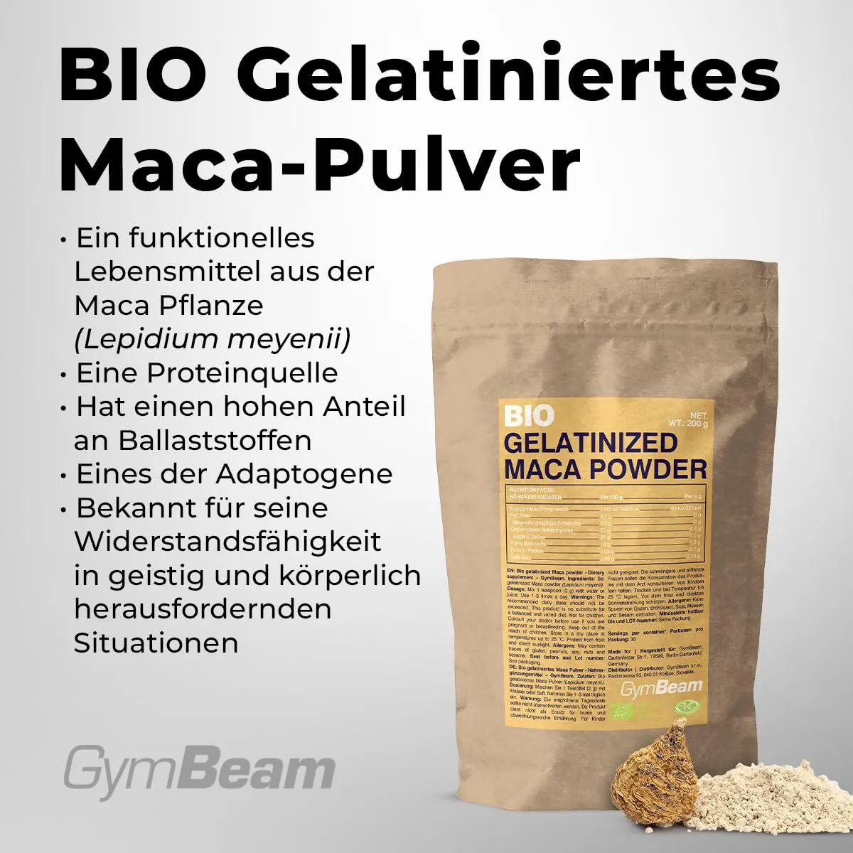 GymBeam BIO Maca Pulver gelatiniert 200g vegan