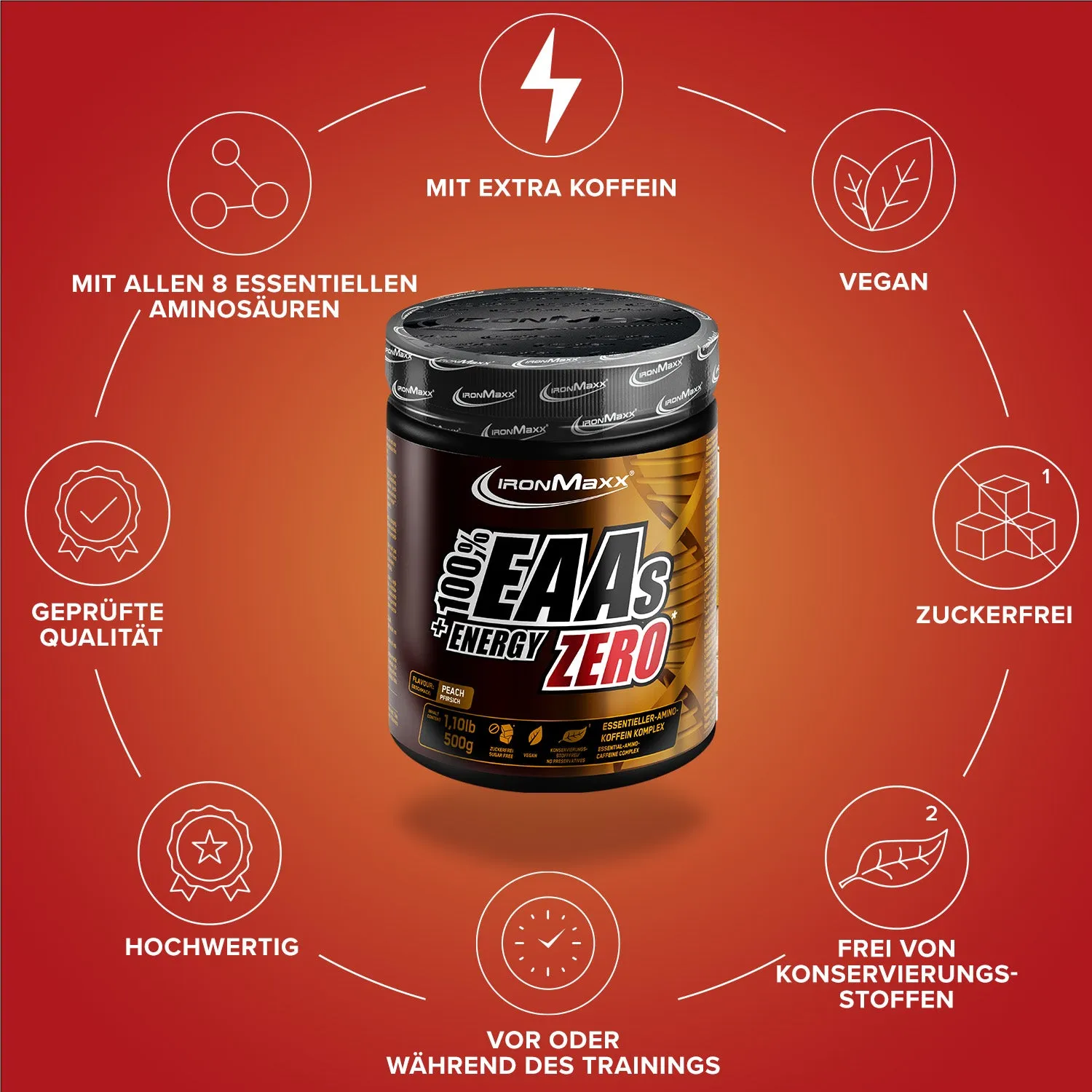 IronMaxx EAAs + Energy ZERO Pulver 500g Peach