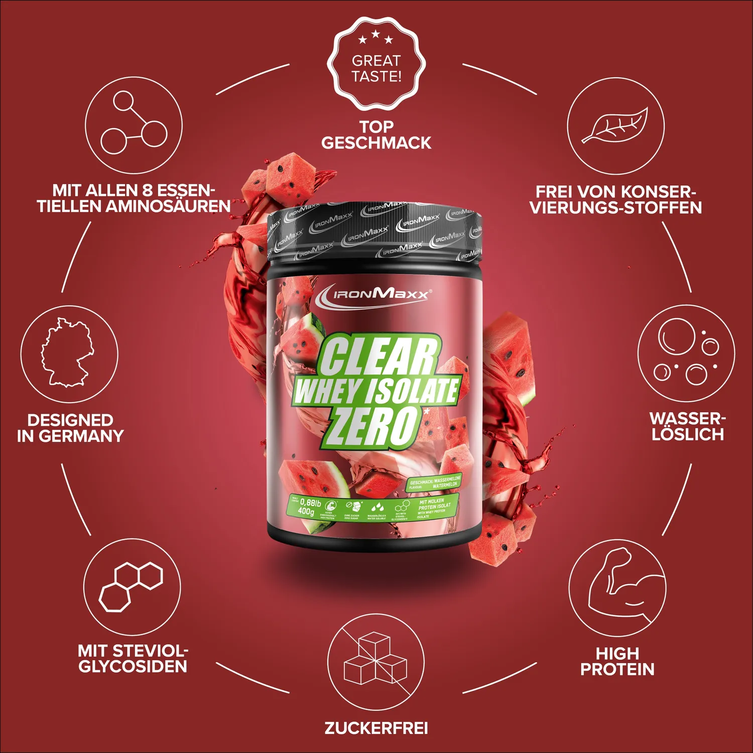 IronMaxx Clear Whey Isolate ZERO Proteinpulver Wassermelone 400g zuckerfrei
