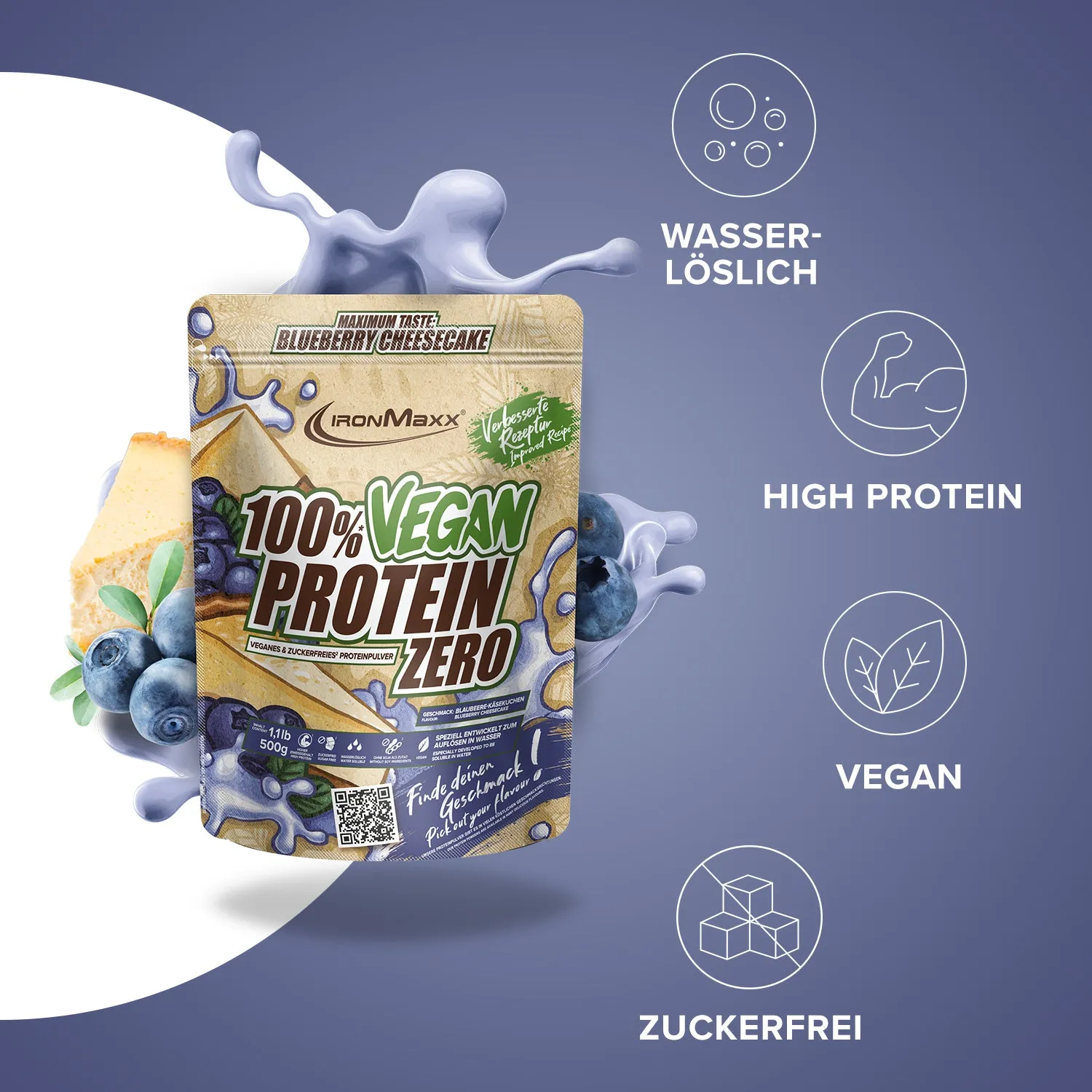 IronMaxx 100% Vegan Protein Zero Blueberry Cheesecake 500 g