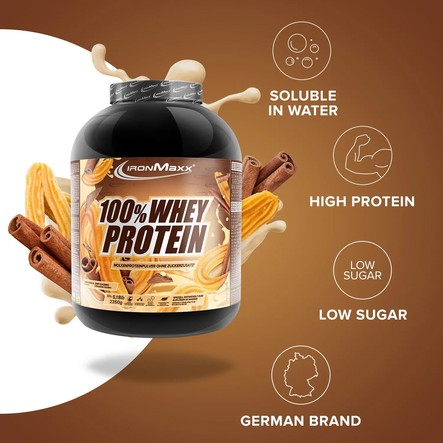 IronMaxx 100% Whey Proteinpulver 2350g Cinnamon Churro zuckerfrei