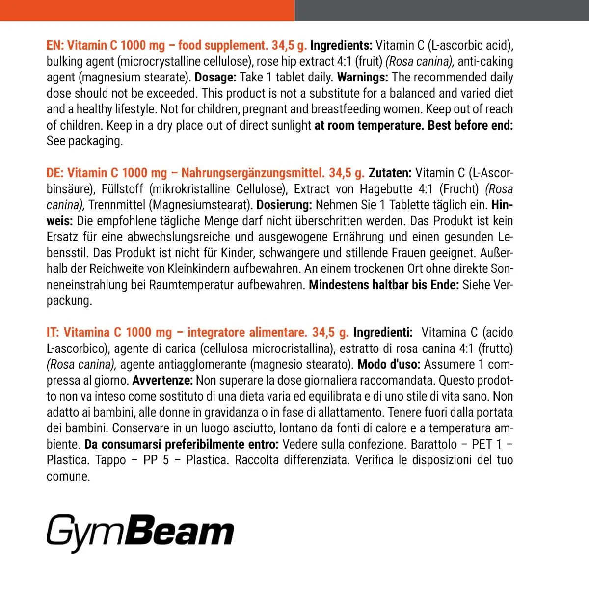 GymBeam Vitamin C 1000mg Kapseln 30 Stk Immunsystem