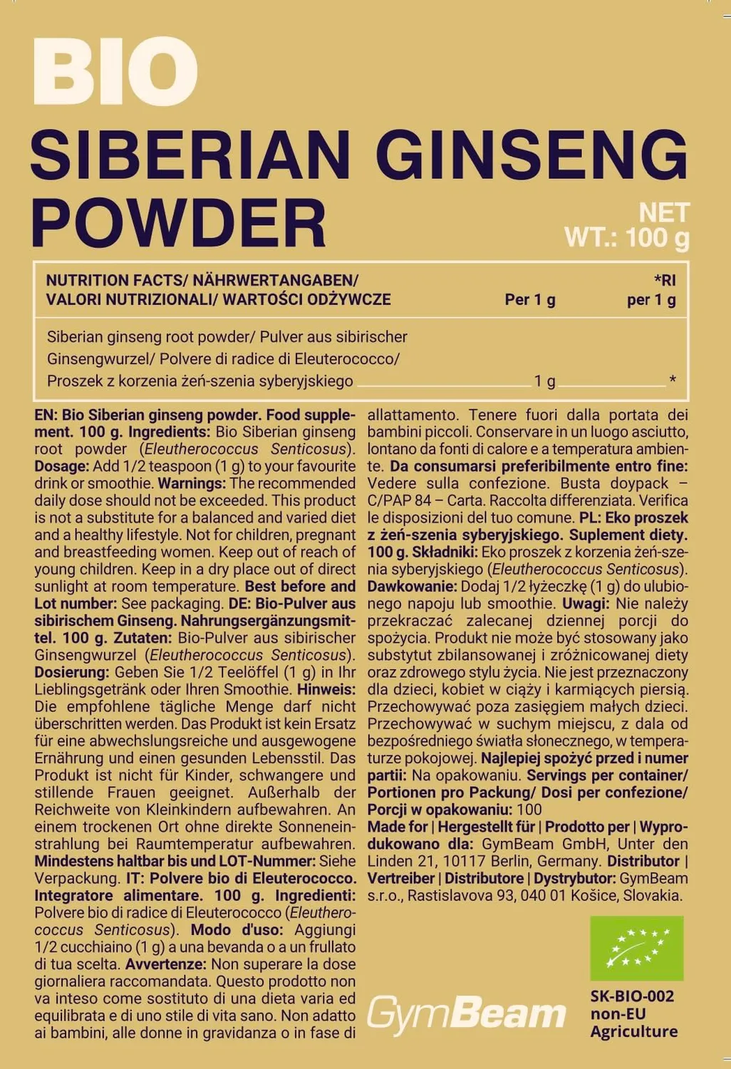 GymBeam Bio Sibirischer Ginseng Pulver 100 g