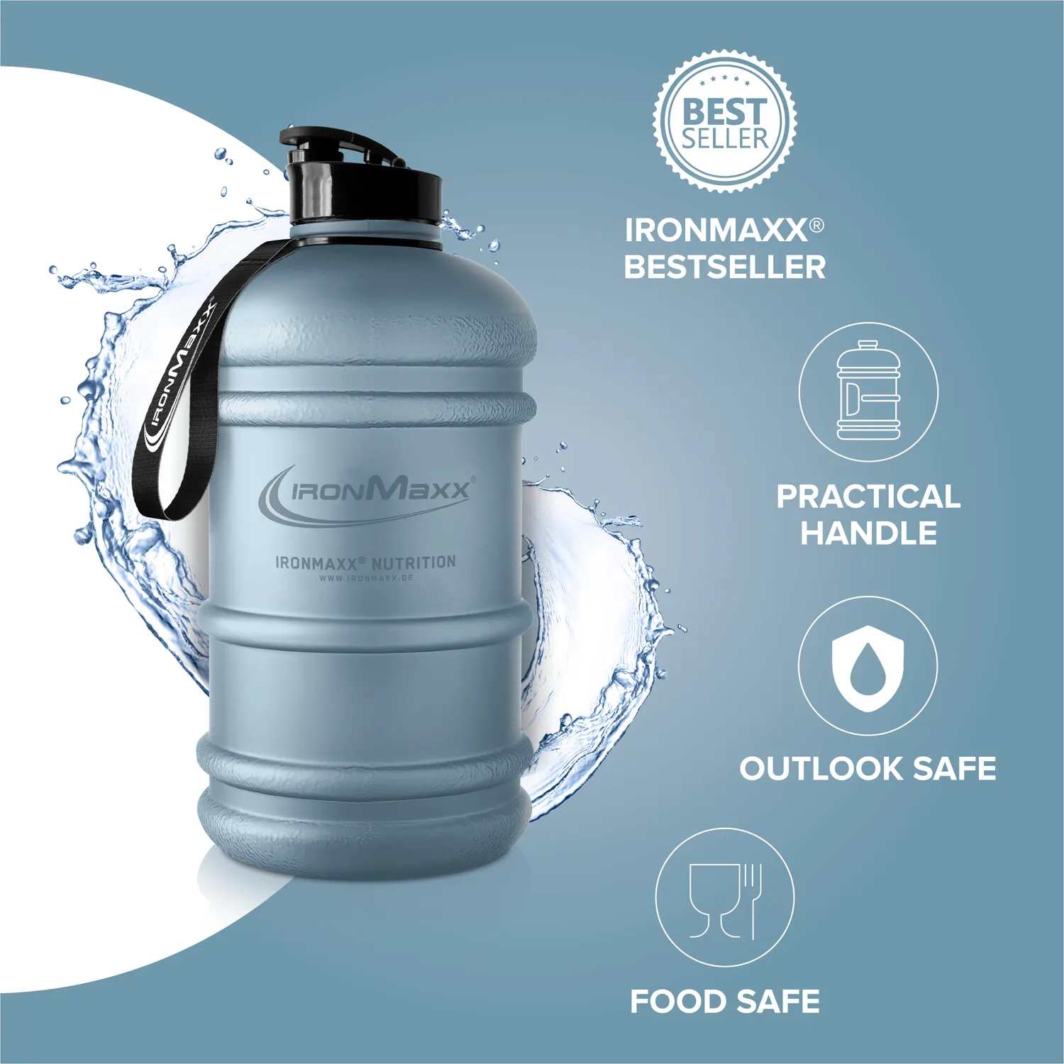 IronMaxx Water Gallon Trinkflasche Kyanite Blue 2200ml BPA-frei