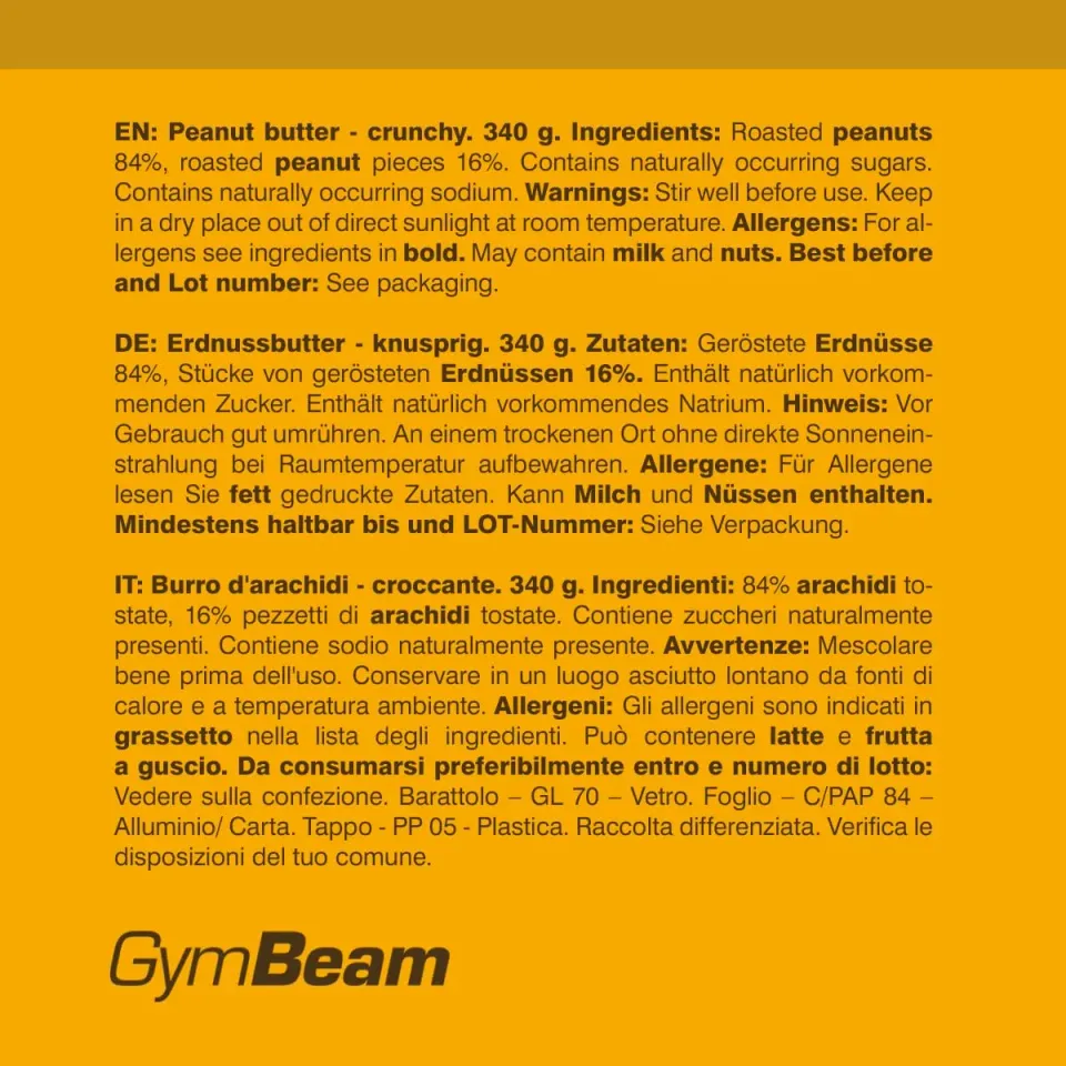 GymBeam Erdnussbutter Crunchy 340g ohne Zuckerzusatz