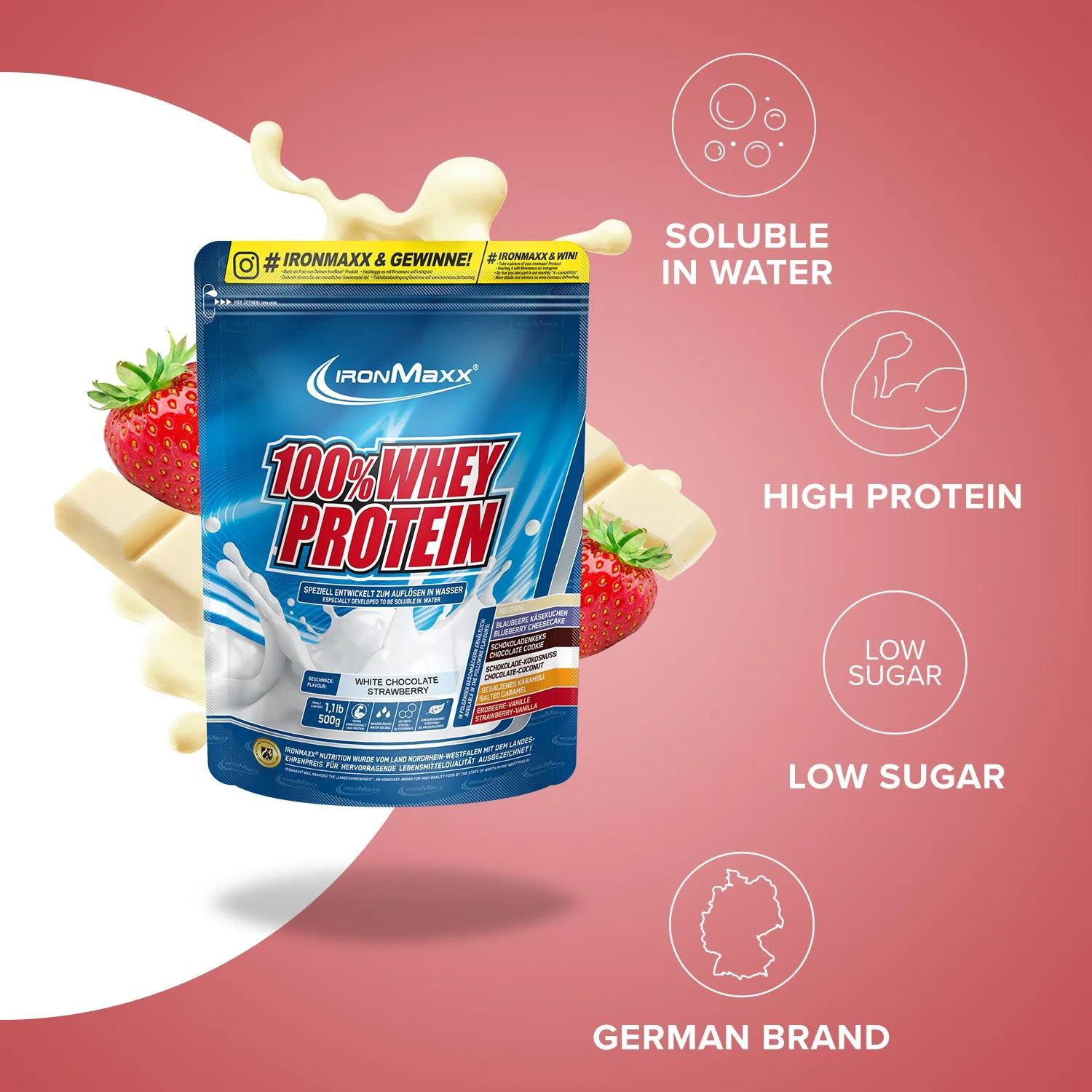 IronMaxx 100% Whey Protein 500g Weiße Schoko-Erdbeere