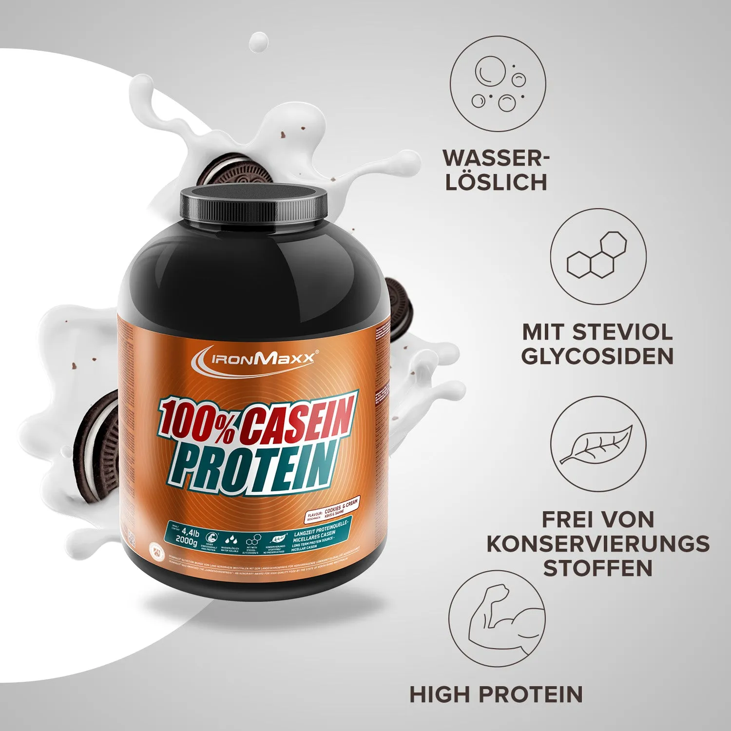 IronMaxx 100% Casein Protein 2000g Cookies Cream Nacht