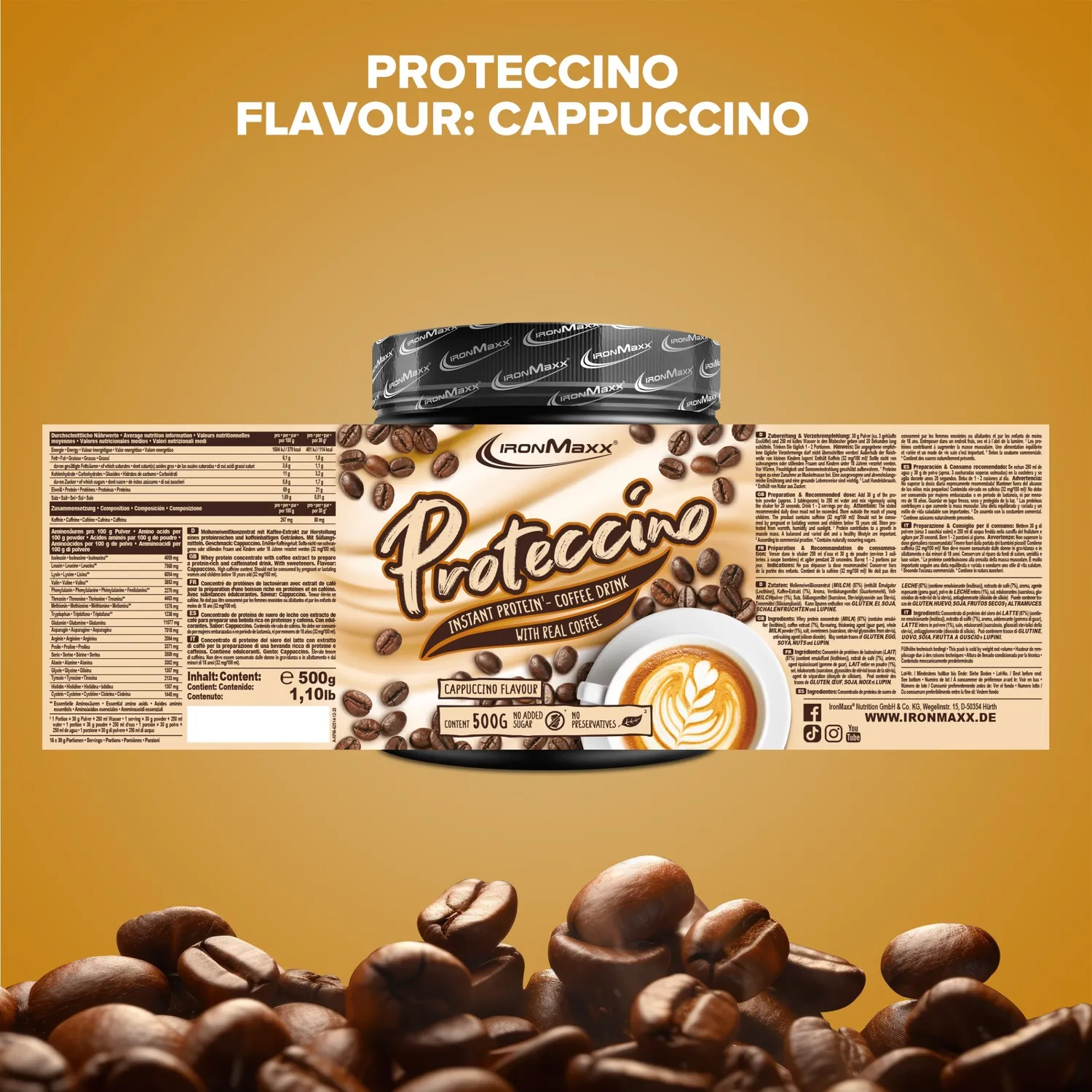 IronMaxx Proteccino Cappuccino Protein Kaffee 500g koffeinhaltig