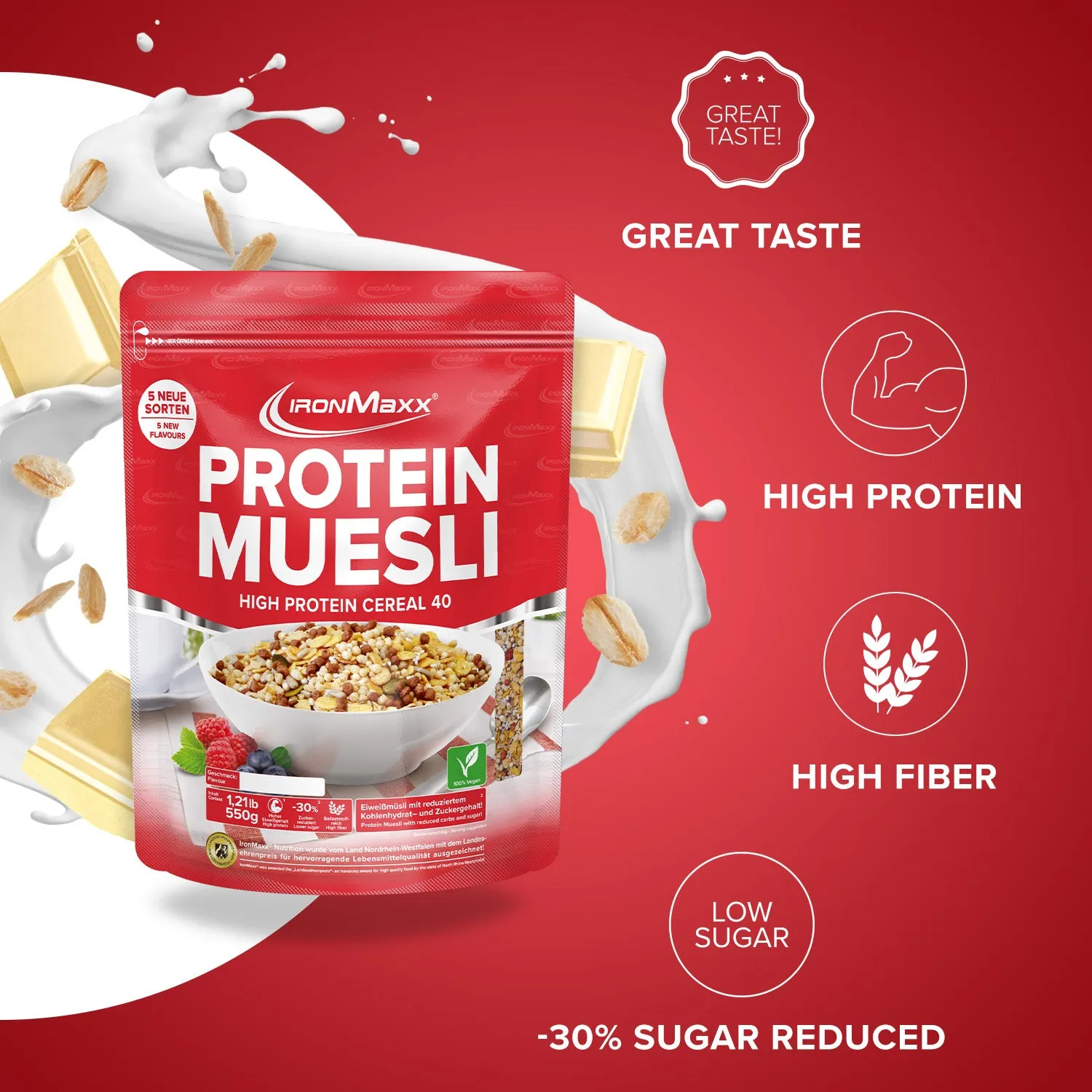 IronMaxx Protein Müsli White Chocolate Vanilla 550g vegan
