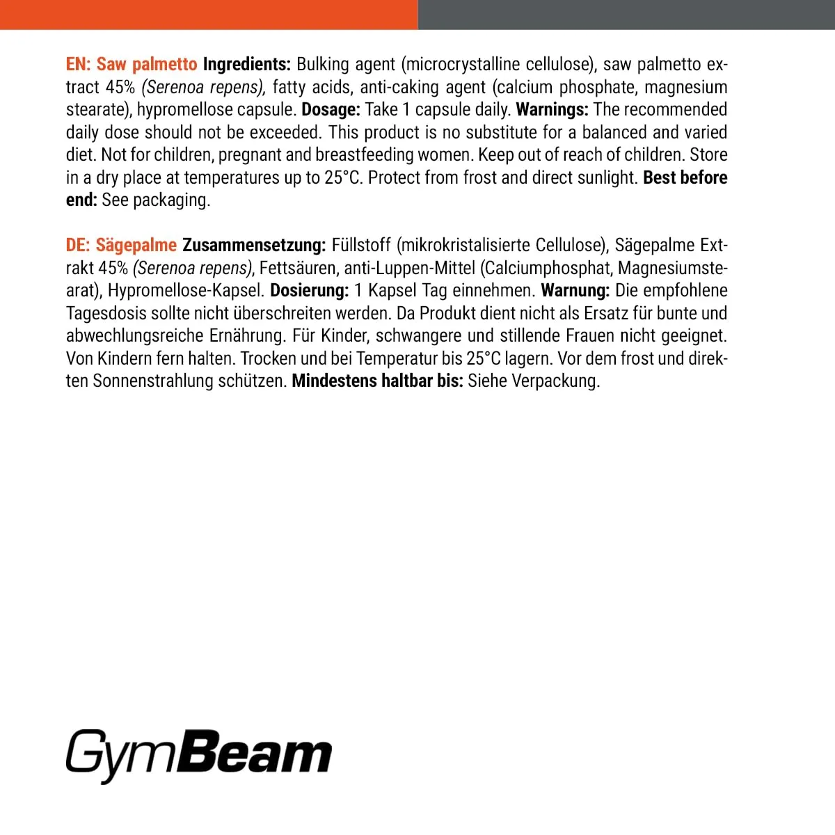 GymBeam Sägepalme Kapseln 90 Caps vegan 150 mg