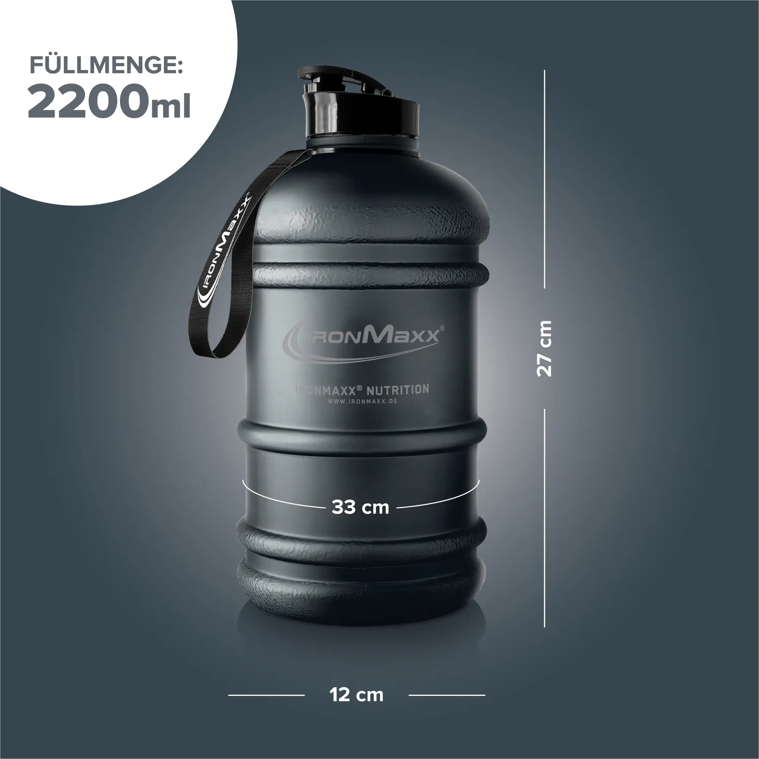 IronMaxx Water Gallon Trinkflasche 2200ml Deep Black BPA-frei