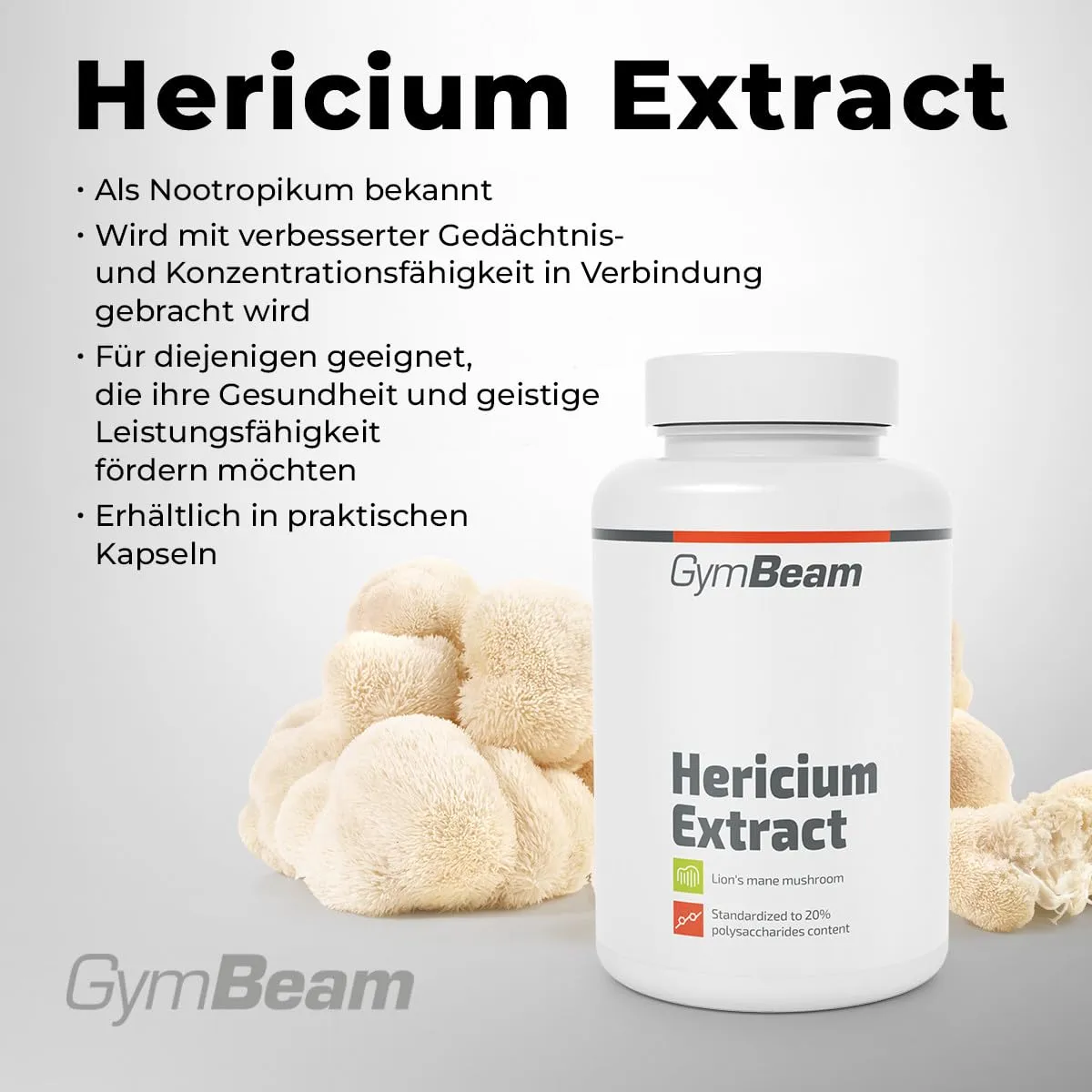 GymBeam Löwenmähne Extrakt 90 Kapseln mit 20% Polysaccharide