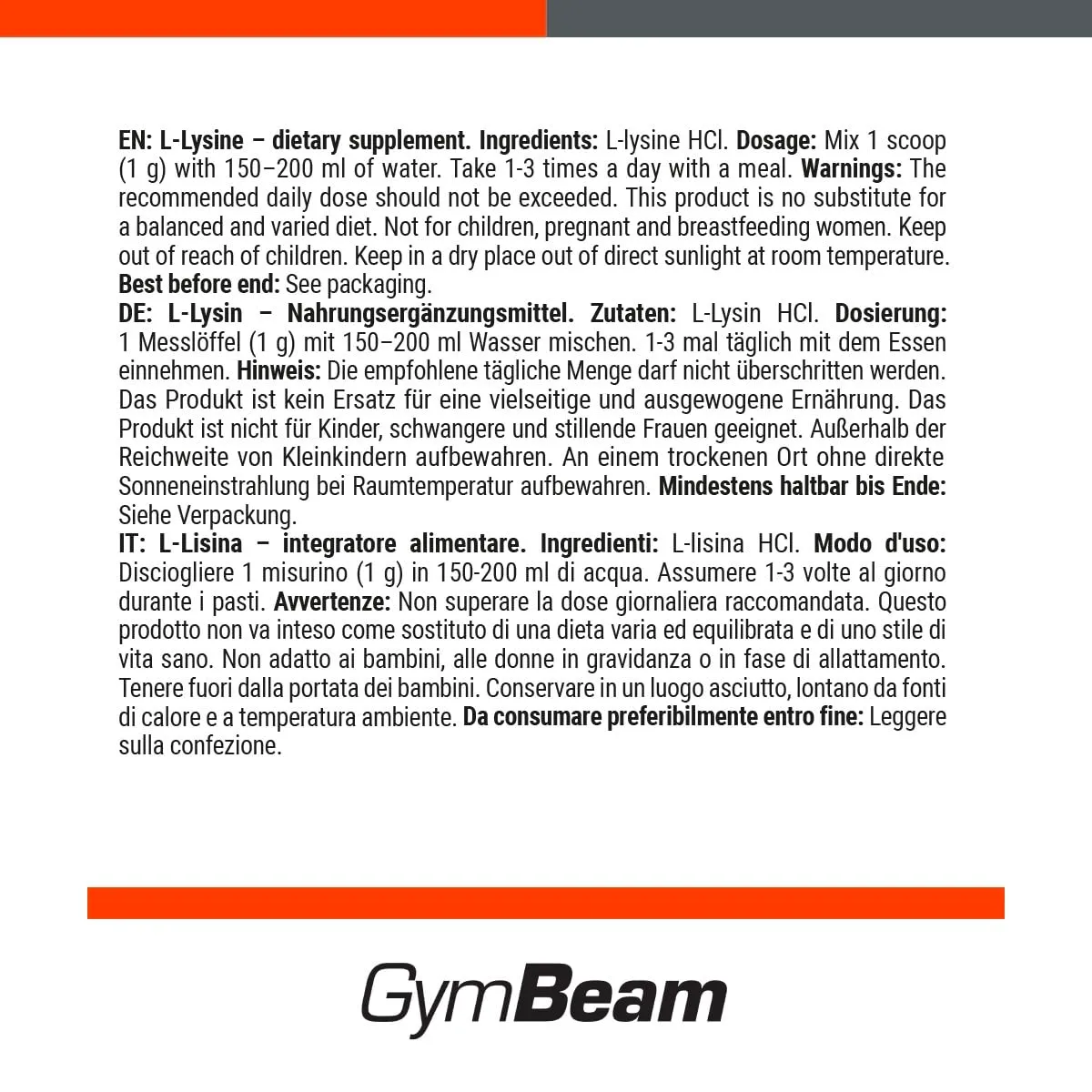 GymBeam L-Lysin Pulver 250 g hochlöslich Aminosäure
