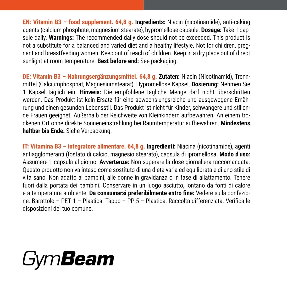 GymBeam Vitamin B3 Niacin Kapseln 90 Stück vegan