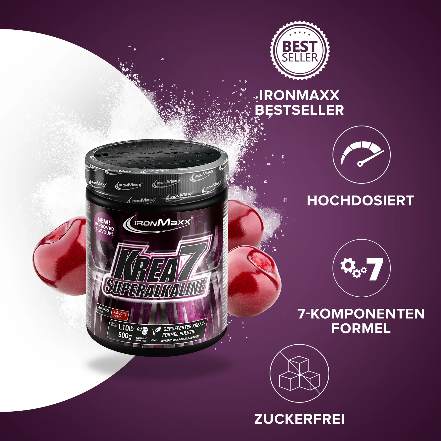 IronMaxx Krea7 Superalkaline Kreatin Kirsche 500g vegan