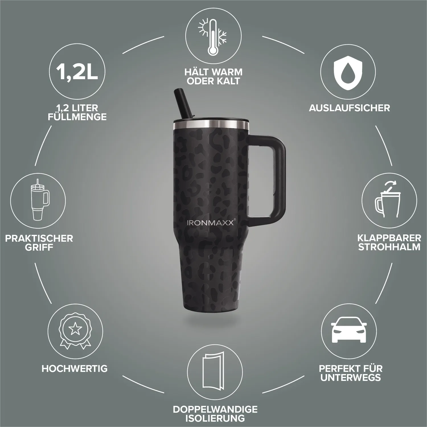 IronMaxx Cup V4.0 Trinkbecher 1200ml Leo Black isoliert
