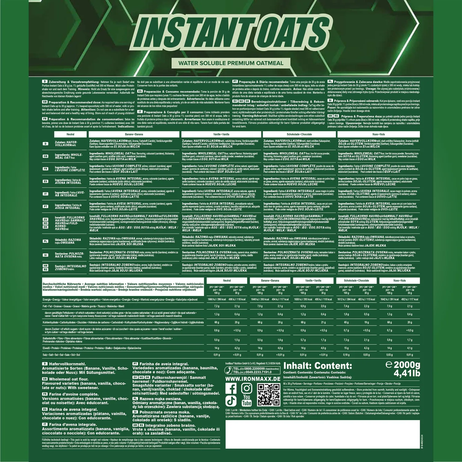 IronMaxx Instant Oats 2000g Vanille Kohlenhydrate