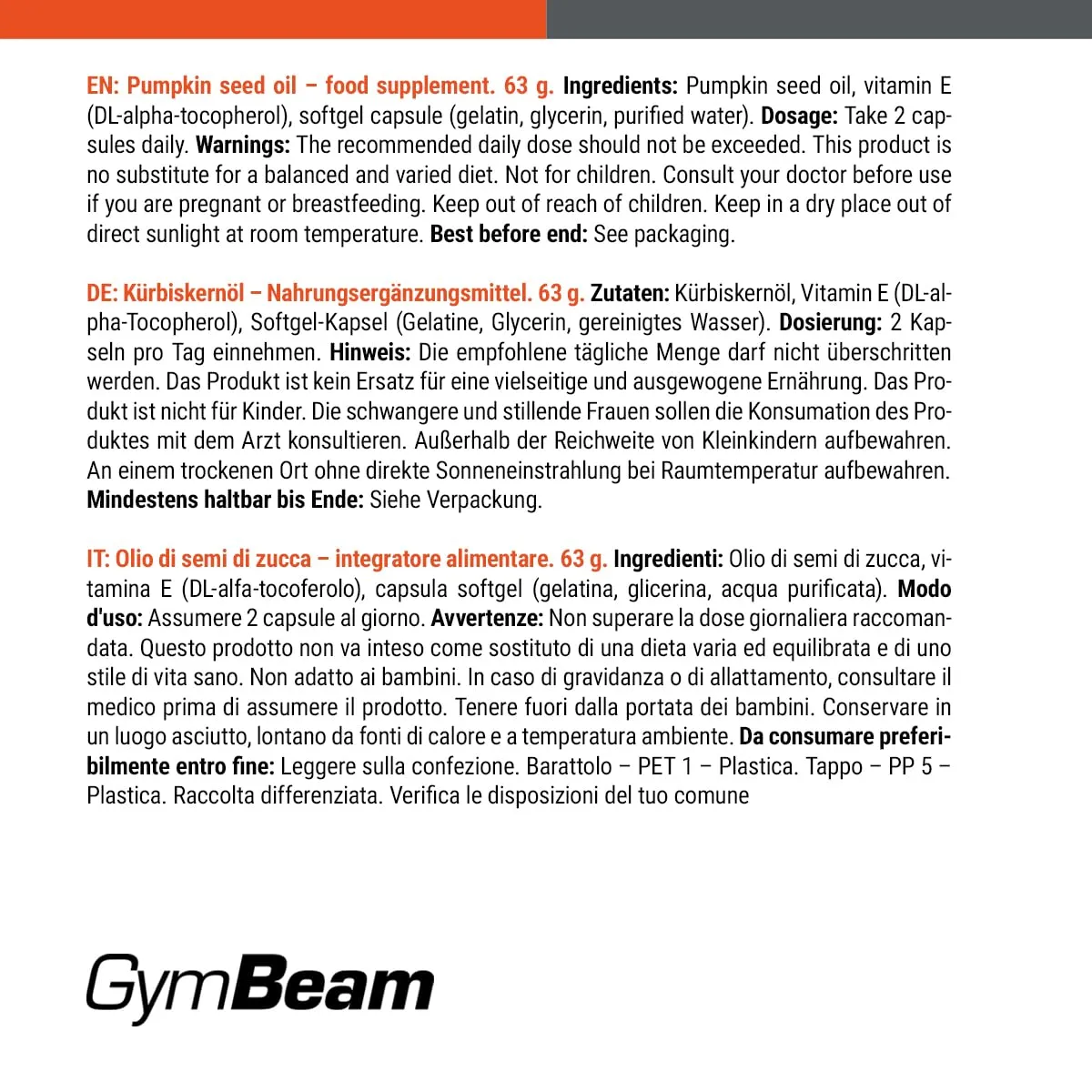 GymBeam Kürbiskernöl Kapseln 90 Stk kaltgepresst
