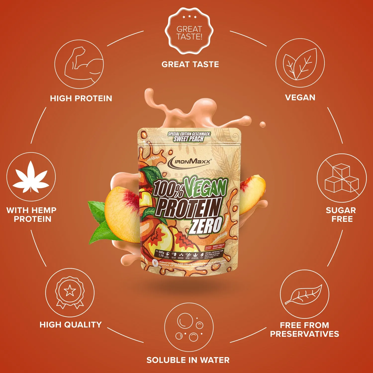 IronMaxx 100% Vegan Protein Zero Proteinpulver 500g Sweet Peach zuckerfrei
