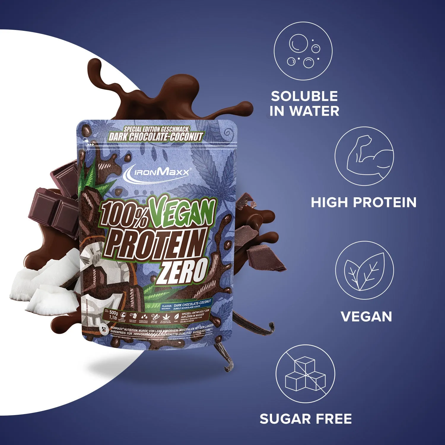 IronMaxx 100% Vegan Protein Zero Pulver Dark Chocolate Coconut 500g