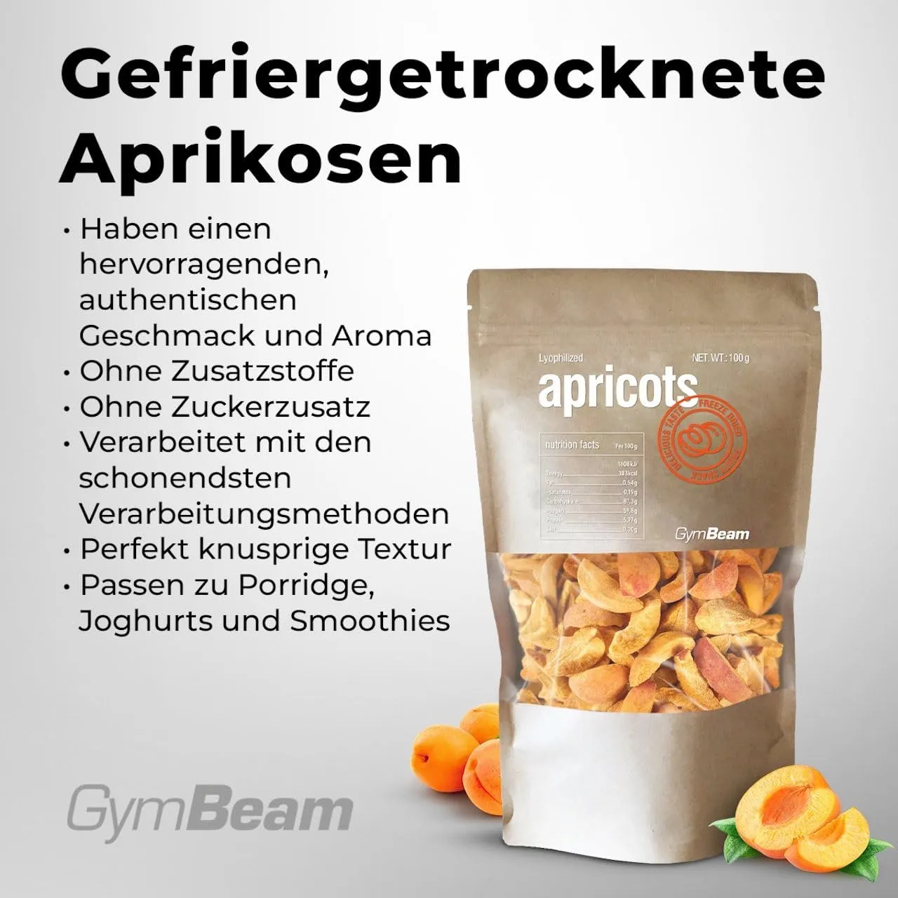 GymBeam Aprikosen gefriergetrocknet 100 g ohne Zusätze