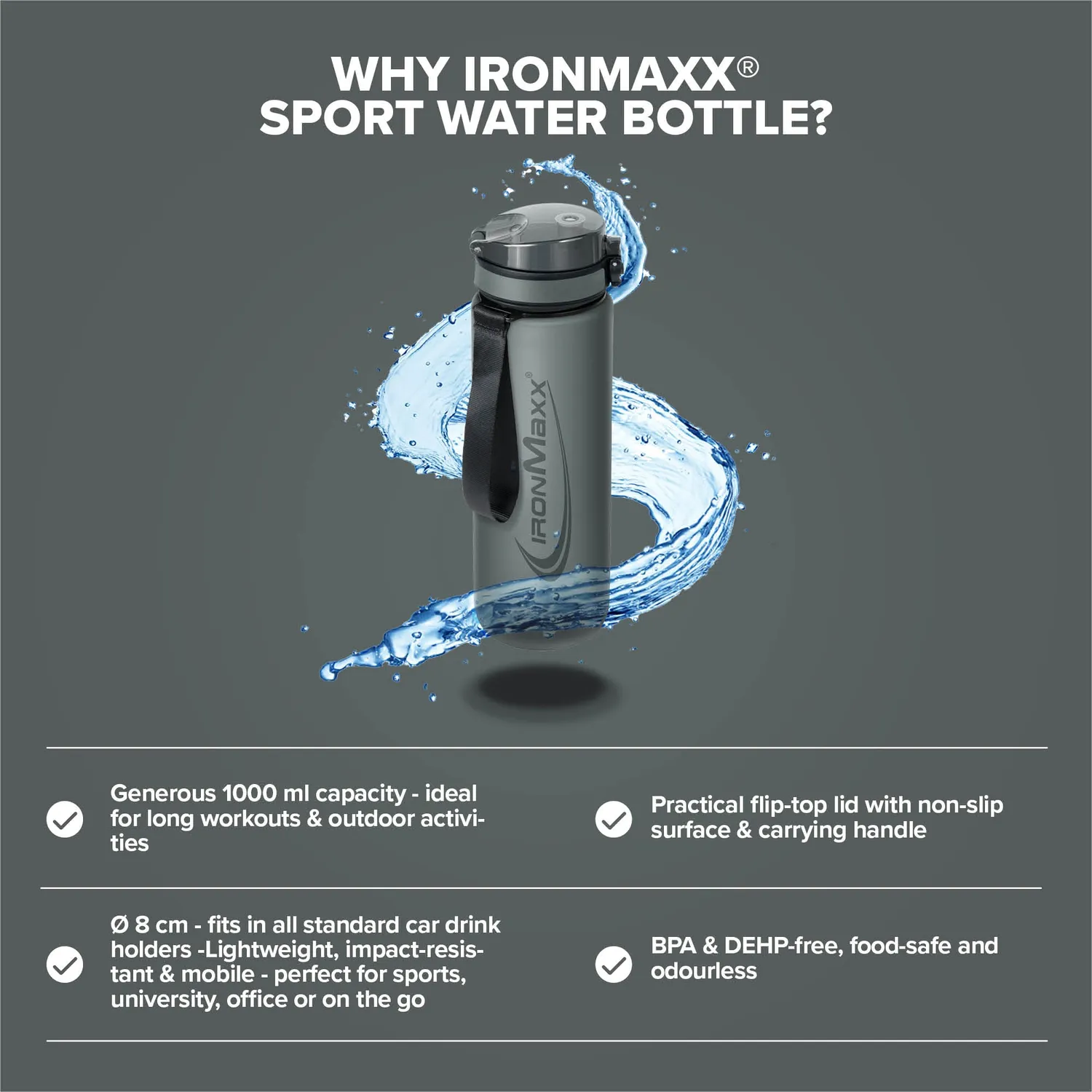 IronMaxx Sport Water Bottle Trinkflasche 1000ml Ash Grey