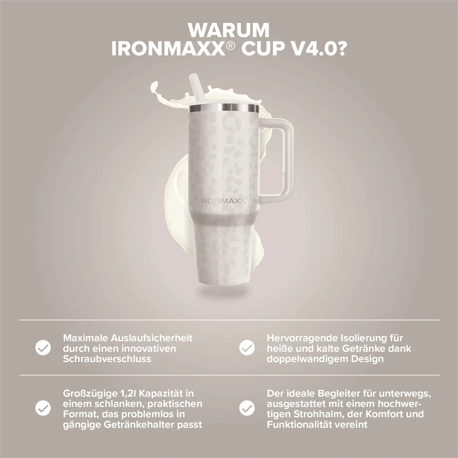 IronMaxx Cup V4.0 Trinkbecher 1200ml Leo-Style Ivory