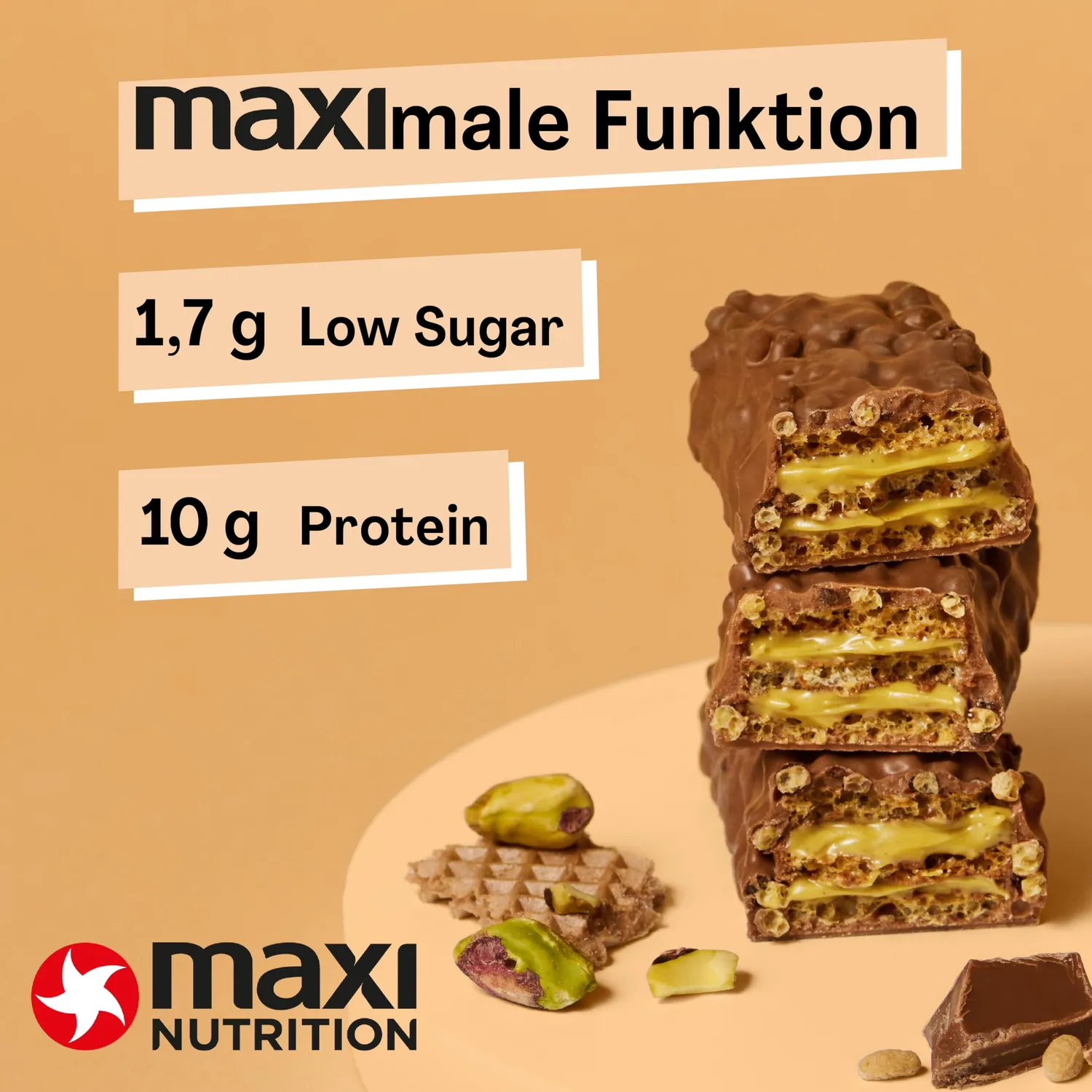 MaxiNutrition Pistachio Spread Protein Waffle Eiweißriegel 12x39g zuckerarm