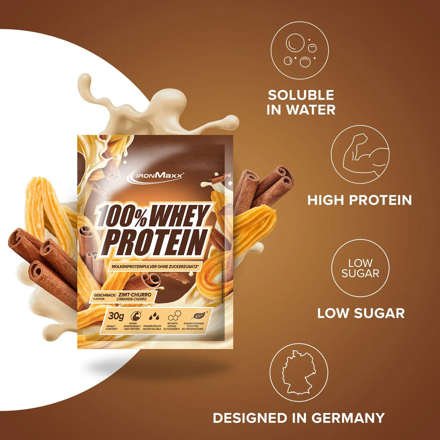 IronMaxx 100% Whey Protein Cinnamon Churro 30g Probe mit BCAAs